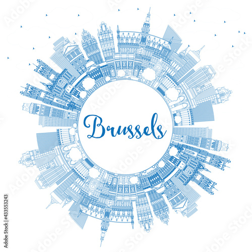 Outline Brussels Belgium City Skyline with Blue Buildings and Copy Space.