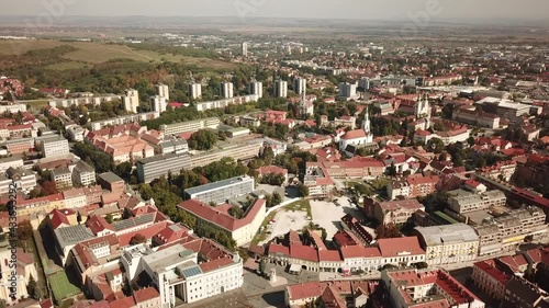Cinematic aerial drone dolly footage of downtown Miskolc, fourth largest city and a major industrial hub, Northern regional center of Hungary, capital of Borsod-Abaúj-Zemplén county photo
