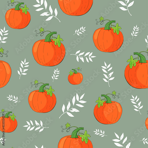 Pumpkin seamless pattern with white branches. Vector repeating botanical background with orange pumpkins and white leaves. Plant background.