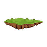  Flying Island with ground and grass isolated on white background, detailed in cartoon style. Ui game assets, background for location, element. Fantasy piece of earth.