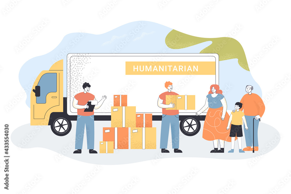 Volunteers giving help boxes to family. Cartoon people doing charity work flat vector illustration. Humanitarian aid, governmental help, charity concept for banner, website design or landing web page