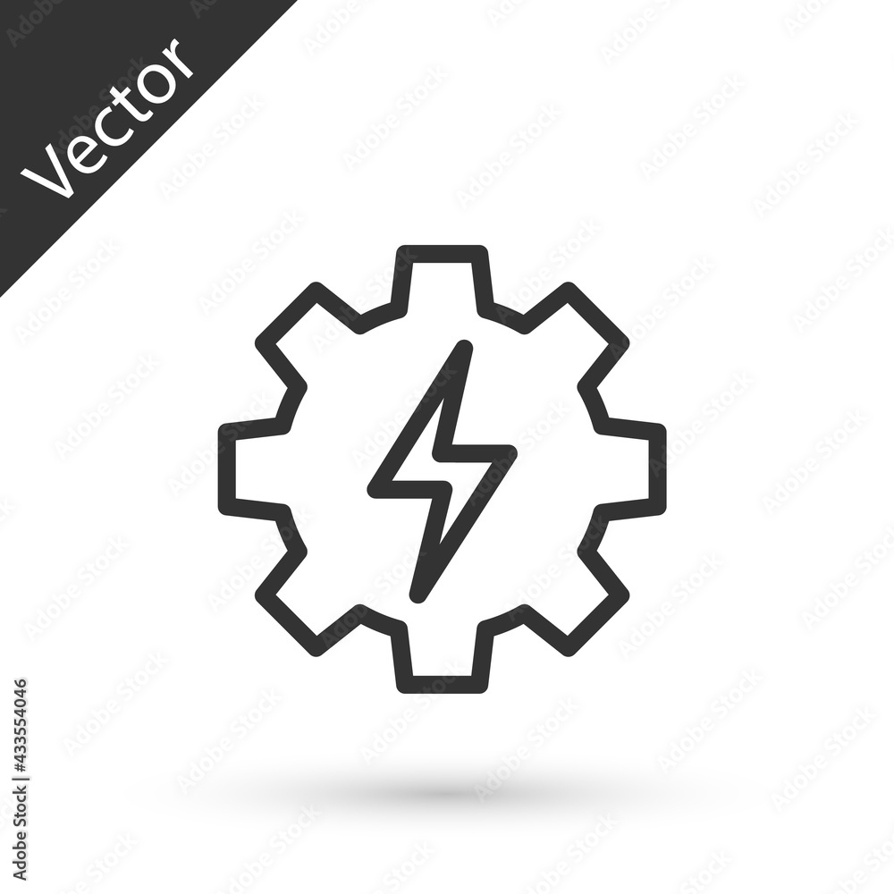 Grey line Gear and lightning icon isolated on white background. Electric power. Lightning bolt sign. Vector Grey line Gear and lightning icon isolated on white background. Electric power. Lightning bolt sign. Vector
