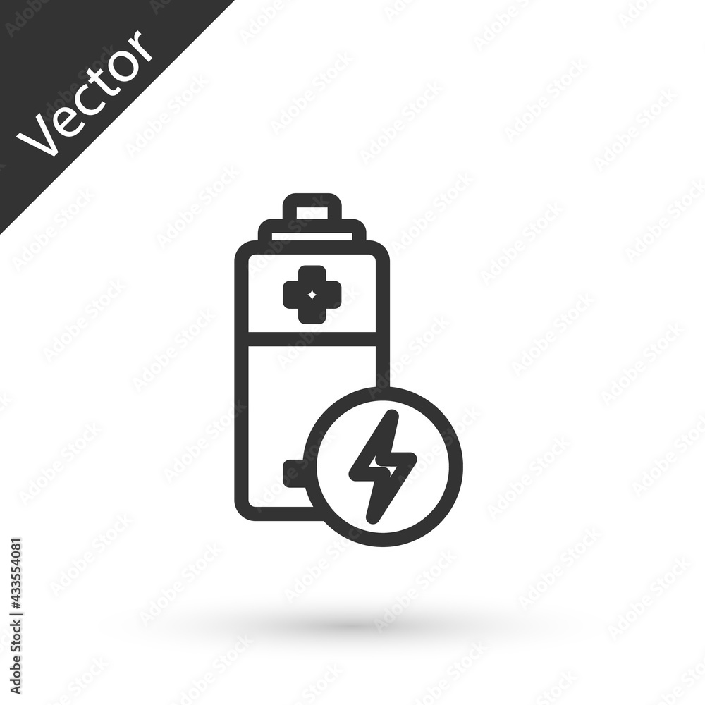 Grey line Battery icon isolated on white background. Lightning bolt symbol. Vector Grey line Battery icon isolated on white background. Lightning bolt symbol. Vector