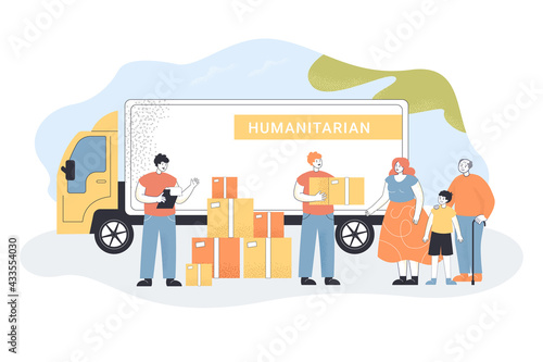 Volunteers giving help boxes to family. Cartoon people doing charity work flat vector illustration. Humanitarian aid, governmental help, charity concept for banner, website design or landing web page