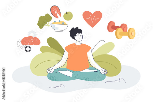 Young man with good mental and body health. Happy cartoon person meditating flat vector illustration. Holistic mental therapy, healthy lifestyle concept for banner, website design or landing web page