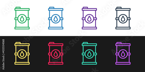 Set line Bio fuel barrel icon isolated on black and white background. Eco bio and canister. Green environment and recycle. Vector