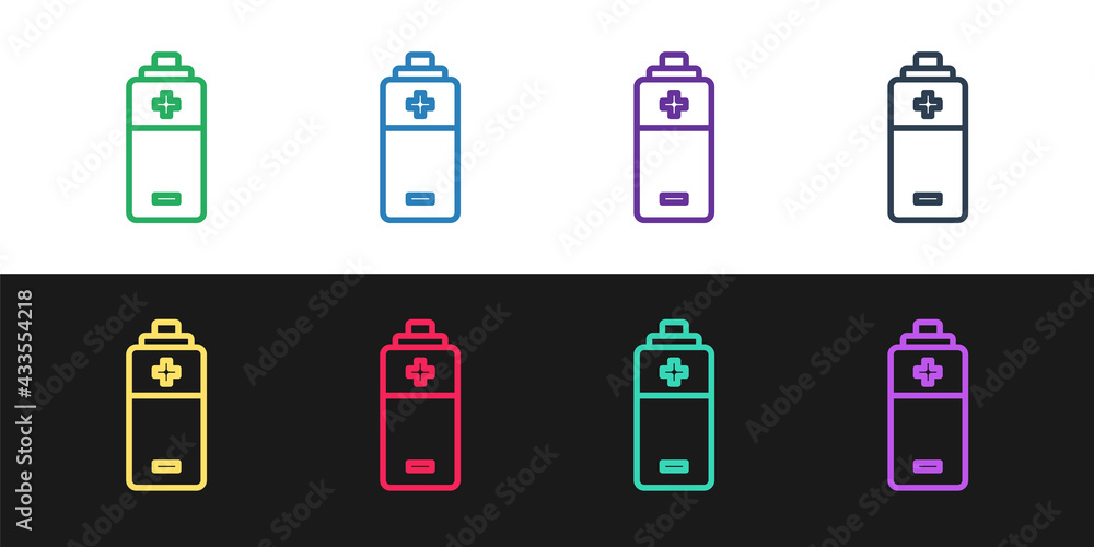 Set line Battery icon isolated on black and white background. Lightning bolt symbol. Vector Set line Battery icon isolated on black and white background. Lightning bolt symbol. Vector