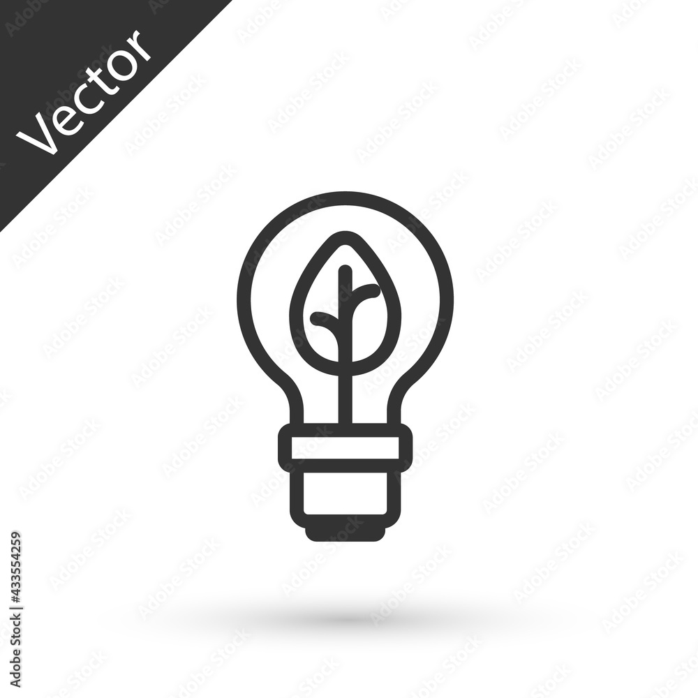 Grey line Light bulb with leaf icon isolated on white background. Eco energy concept. Alternative energy concept. Vector Grey line Light bulb with leaf icon isolated on white background. Eco energy concept. Alternative energy concept. Vector