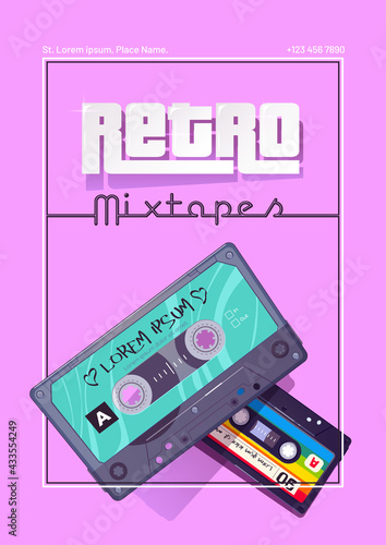 Retro mixtapes cartoon poster with audio cassettes, mix tapes, media storage for music and sound on pink background. Vintage style analog hipster devices of eighties ages culture, Vector illustration