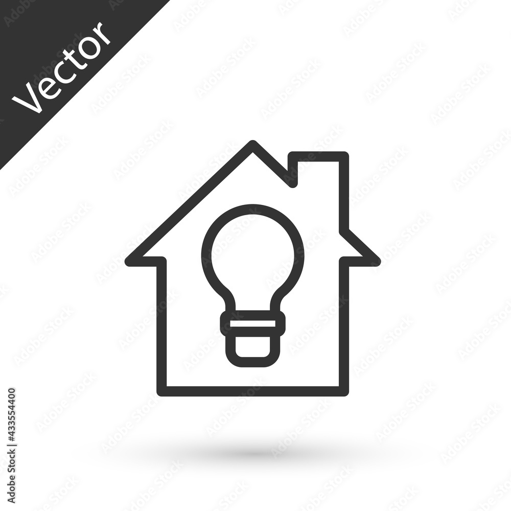 Grey line Smart house and light bulb icon isolated on white background. Vector Grey line Smart house and light bulb icon isolated on white background. Vector