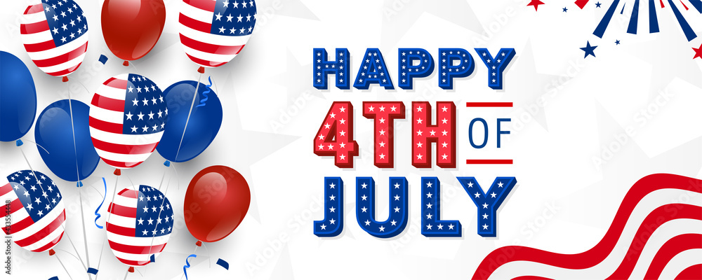 The United States of America happy 4th of July modern trendy design with 3d star lettering, typography design. on red, blue, and American balloon group with starburst and confetti on the background
The United States of America happy 4th of July modern trendy design with 3d star lettering, typography design. on red, blue, and American balloon group with starburst and confetti on the background