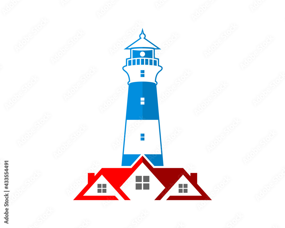 Red house with lighthouse behind