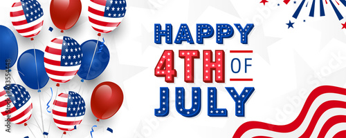 The United States of America happy 4th of July modern trendy design with 3d star lettering, typography design. on red, blue, and American balloon group with starburst and confetti on the background

