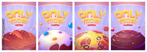 Only today sale posters for cafe, restaurant, bakery or food delivery service. Special offers on monday, tuesday, wednesday and thursday. Vector flyers with cartoon pizza, bread and sweets
