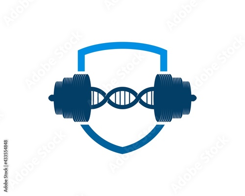 Simple shield with gym barbell and DNA symbol