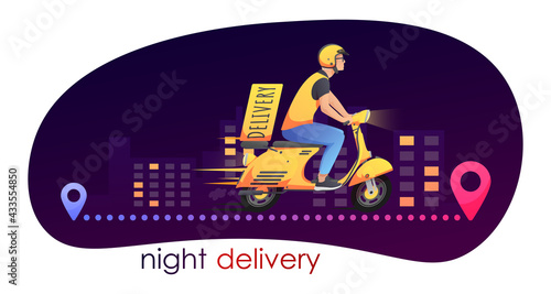 Yellow fast delivery retro scooter, motorbike with courier on the way and night city, pin on the map, on white. Vector illustration for design, flyer, poster, banner, web, advertising.