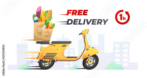 Yellow free delivery retro scooter, moped, motorbike with groceries and food on the way, red pin and  city on white. Vector illustration for flyer, poster, banner, web, advertising.