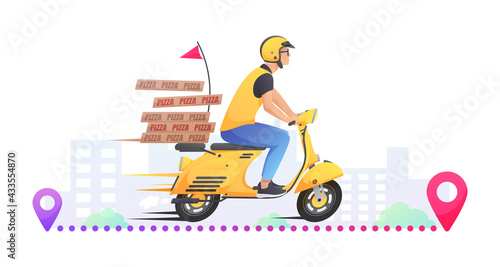 Yellow fast delivery retro scooter, motorbike with courier and box of pizza on the way and city, red pin on white. Vector illustration for design, flyer, poster, banner, web, advertising.