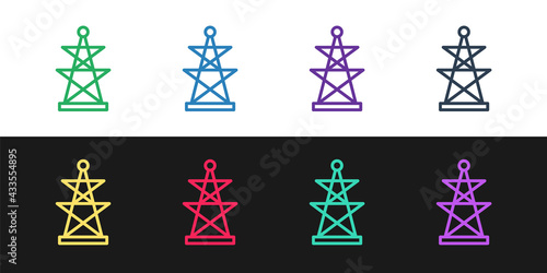 Set line Electric tower used to support an overhead power line icon isolated on black and white background. High voltage power pole line. Vector
