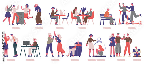 Introvert and extrovert people. Unsocial and sociable men and woman, different psychological types vector illustration set. Extrovert and introvert characters