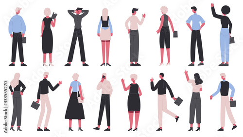 Back view business characters. Office workers view from back, business men and women back side vector illustration set. Business people back view