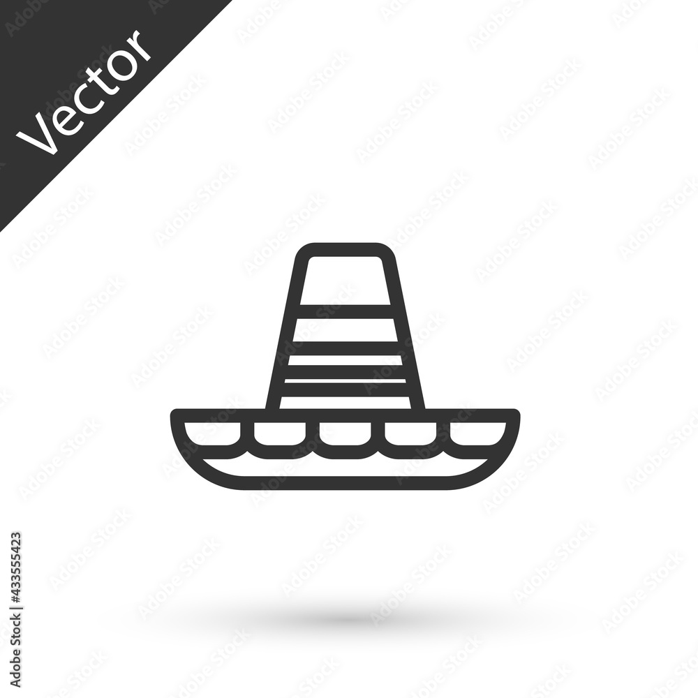 Grey line Traditional mexican sombrero hat icon isolated on white background. Vector Grey line Traditional mexican sombrero hat icon isolated on white background. Vector