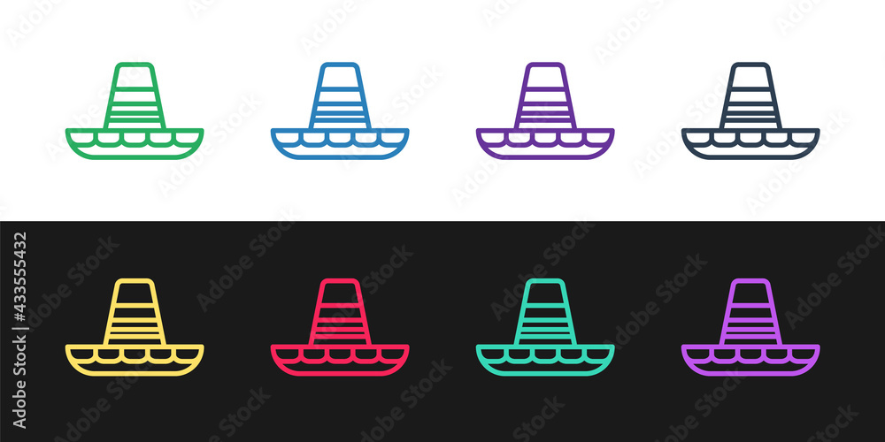 Set line Traditional mexican sombrero hat icon isolated on black and white background. Vector