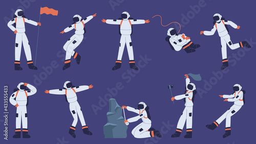 Astronaut character. Cartoon spaceman wearing spacesuit in outer space explore cosmos vector illustration set. Space explorer character