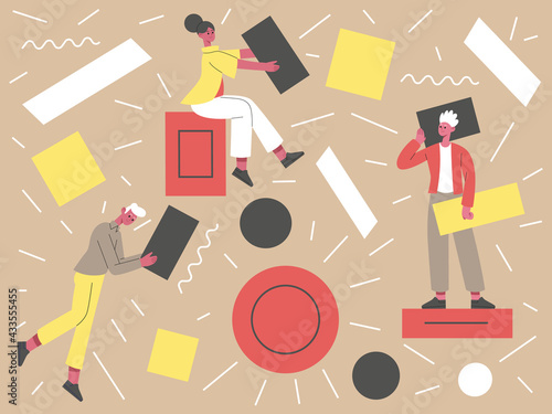 People with abstract geometric shapes. Teamwork concept, business characters collecting geometric figures vector illustration. Partnership business concept