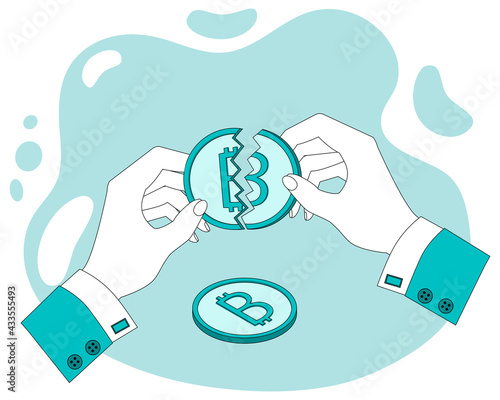 The collapse of Bitcoin.Hands holding a broken bitcoin.A broken bitcoin coin, a symbol of risks with cryptocurrency.The fall in the quotations of electronic money.Flat vector illustration.