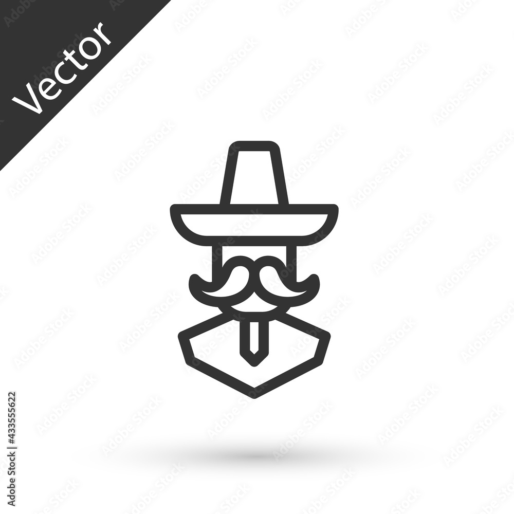Grey line Mexican man wearing sombrero icon isolated on white background. Hispanic man with a mustache. Vector Grey line Mexican man wearing sombrero icon isolated on white background. Hispanic man with a mustache. Vector