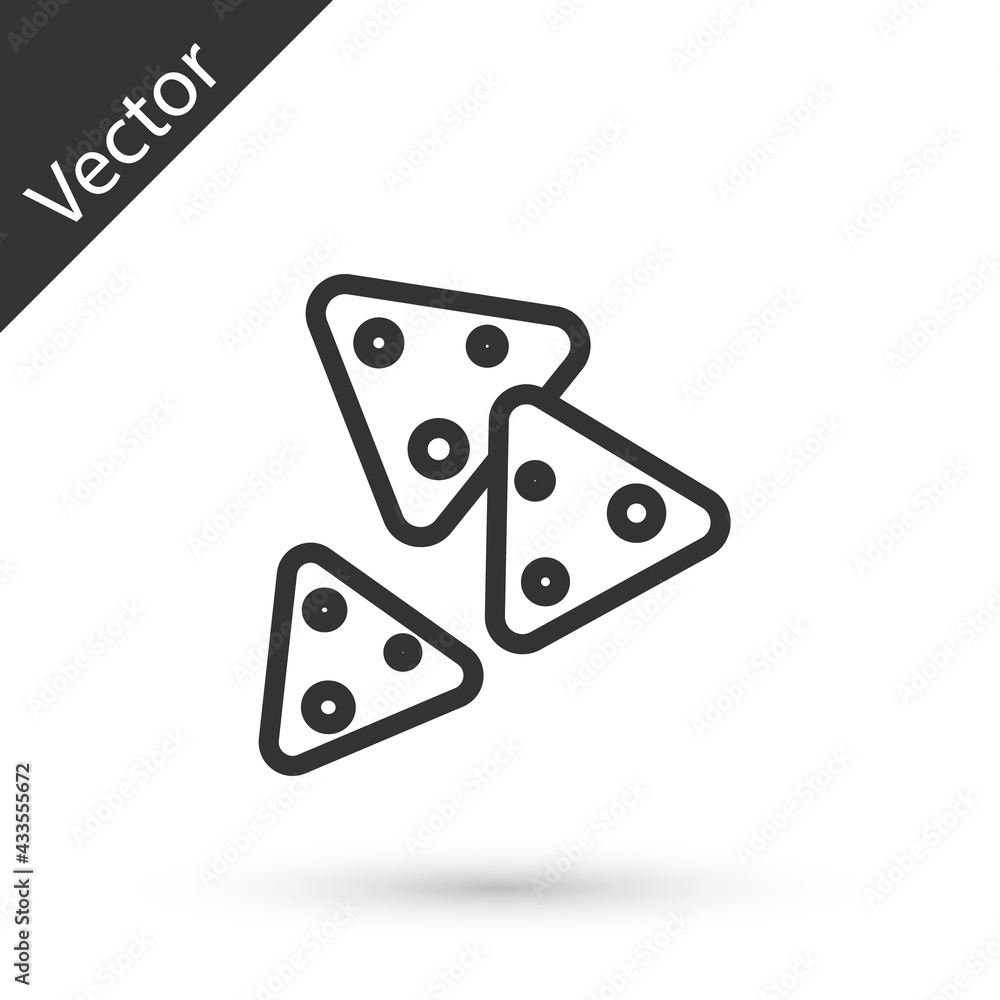 Grey line Nachos icon isolated on white background. Tortilla chips or nachos tortillas. Traditional mexican fast food. Vector Grey line Nachos icon isolated on white background. Tortilla chips or nachos tortillas. Traditional mexican fast food. Vector