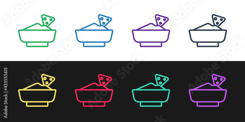 Set line Nachos in bowl icon isolated on black and white background. Tortilla chips or nachos tortillas. Traditional mexican fast food menu. Vector