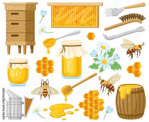 Cartoon honey. Beekeeping elements, honeycombs, beehive, bees and honey in glass jar isolated vector illustration set. Natural sweets, honey symbols