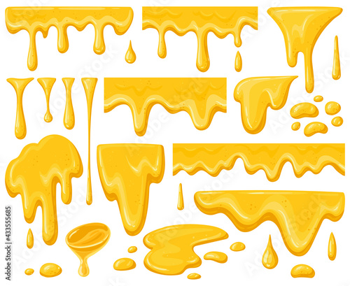 Cartoon honey drips. Dripping golden delicious honey flows, yellow natural sweets splashes and honey syrup drops vector illustration set. Honey liquid drips