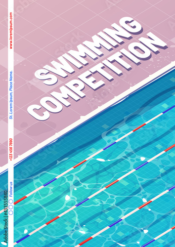 Swimming competition poster with top view of empty pool with blue water and lane markers. Vector flyer of swim race sport challenge with cartoon illustration of public pool