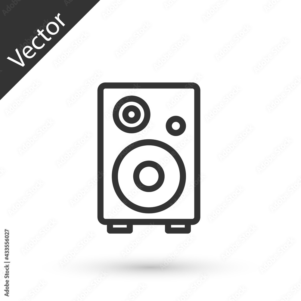 Grey line Stereo speaker icon isolated on white background. Sound system speakers. Music icon. Musical column speaker bass equipment. Vector Grey line Stereo speaker icon isolated on white background. Sound system speakers. Music icon. Musical column speaker bass equipment. Vector