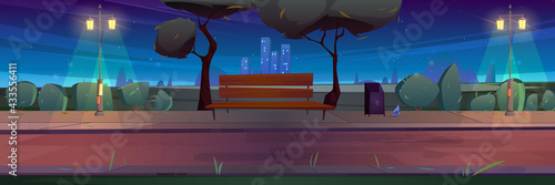 Bench in night park, summer landscape with city view background, empty public place for walking and recreation with green trees, litter bins and street lamps. Urban garden Cartoon vector illustration