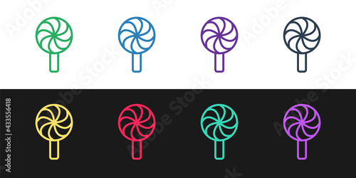 Set line Lollipop icon isolated on black and white background. Candy sign. Food, delicious symbol. Vector