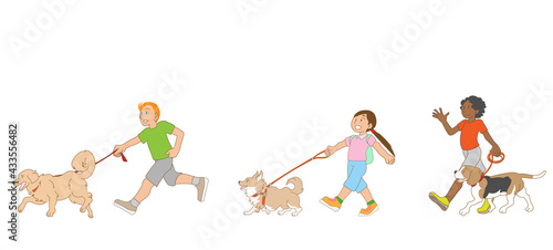 犬と散歩する多民族の子供たち