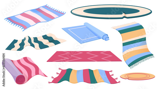 Set of carpets or rugs of different shapes, designs and colors. Floor covering, interior decor, mats with fringed edges, cozy home decoration isolated on white background, Cartoon vector illustration