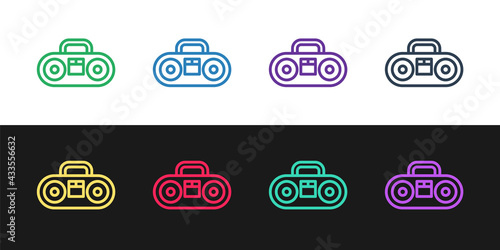 Set line Home stereo with two speakers icon isolated on black and white background. Music system. Vector