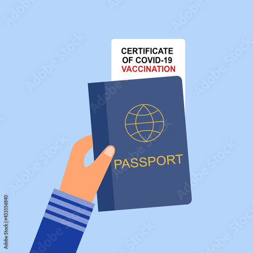 Hand holding passport and covid19 vaccination certificate  in flat design. Vaccine passport concept vector illustration.