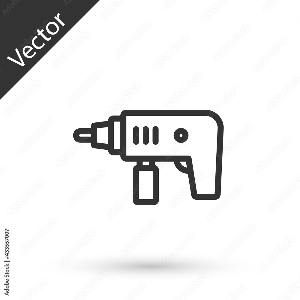 Grey line Electric drill machine icon isolated on white background. Repair tool. Vector Grey line Electric drill machine icon isolated on white background. Repair tool. Vector