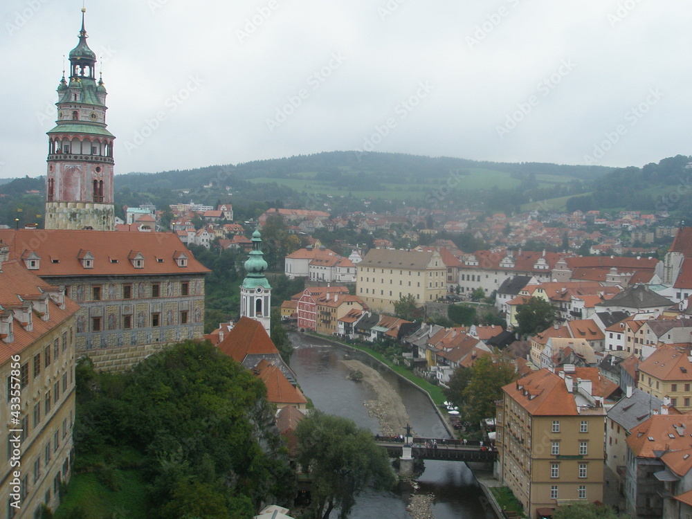 Elevated view of the town of Cesky Krumlov, Southern Bohemia, Czech Republic.