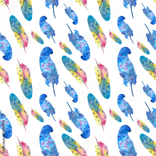 Watercolor feather pattern, abstract bright feathers on white background, perfect for greeting cards, invitations design