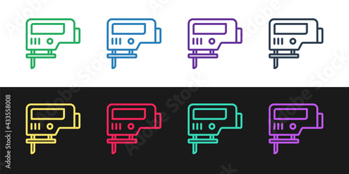 Set line Electric jigsaw with steel sharp blade icon isolated on black and white background. Power tool for woodwork. Vector