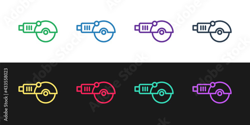 Set line Angle grinder icon isolated on black and white background. Vector