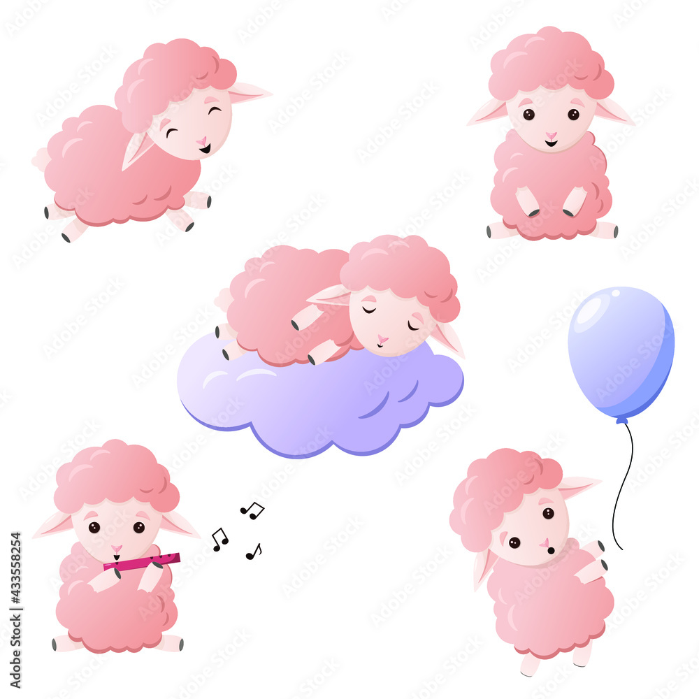 A set of cute pink sheep. Children's illustration. A set of cute pink sheep. Children's illustration.