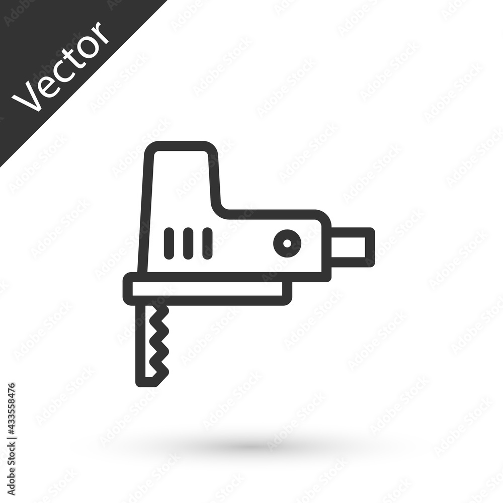 Grey line Electric jigsaw with steel sharp blade icon isolated on white background. Power tool for woodwork. Vector Grey line Electric jigsaw with steel sharp blade icon isolated on white background. Power tool for woodwork. Vector